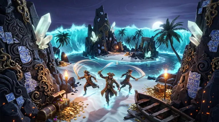 Ilha tropical circular cercada por uma parede de maré ciano luminosa, onde piratas disputam montes de dobrões de ouro com golpes de sabre.