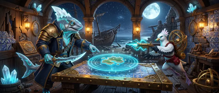 Capitão Luaro Selenir e Imediata Córsia Maré no observatório de uma caravela celestial a analisar um mapa holográfico tridimensional de uma ilha cercada por anéis de maré.